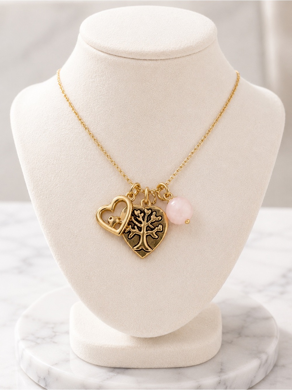 Love This Life Family Tree Heart Charm Gold Tone Necklace Pink Stone 16” NWT
